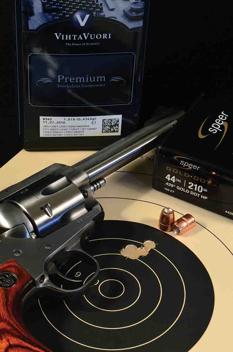A Ruger Super Blackhawk provided the best group with the Speer 210-grain Gold Dot loaded over Vihtavuori N340 powder. Velocity was a respectable 854 fps.